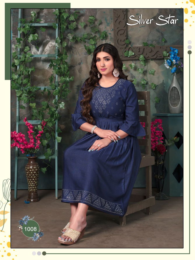 Silver Star Vol 1 By Trendy Rayon Flaired Designer Kurtis Wholesale Shop In Surat
